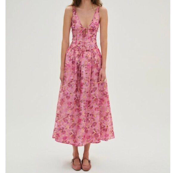 NWOT FOR LOVE AND LEMONS BLURRED ROSES PINK MIDI DRESS SIZE S - Picture 1 of 5